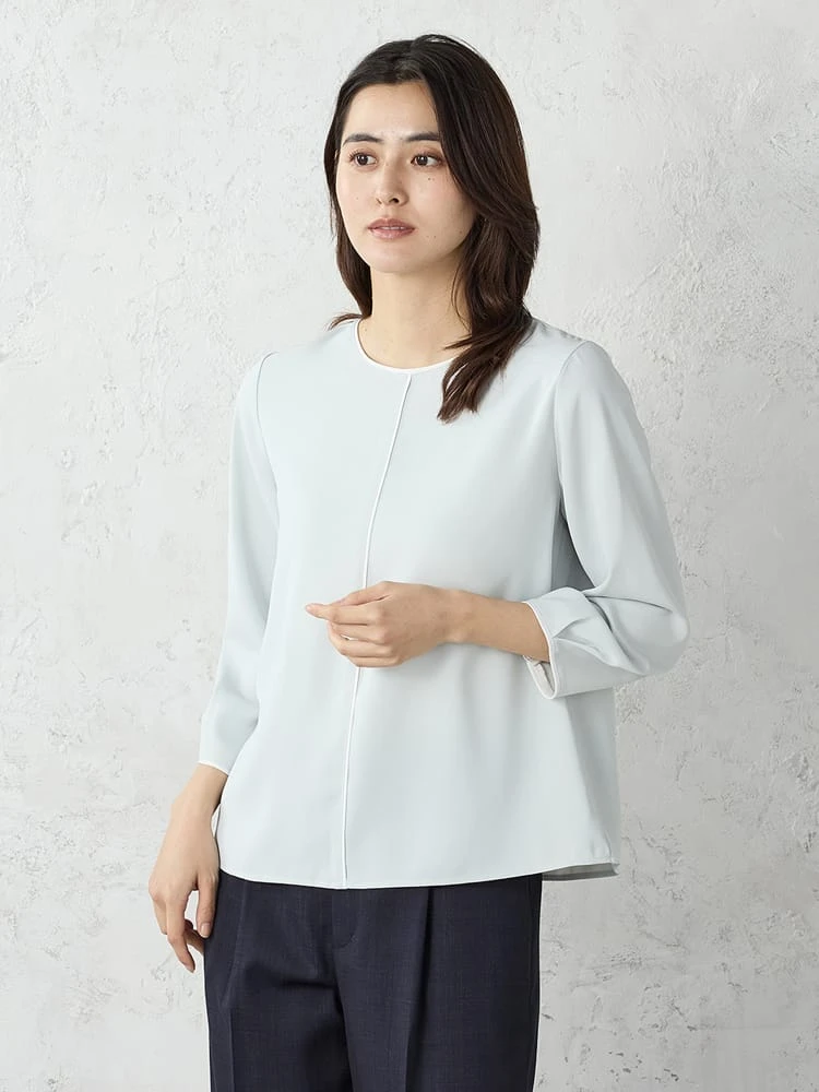 配色パイピングクルーネックブラウスホワイト/ベージュ/グリーン/ネイビー