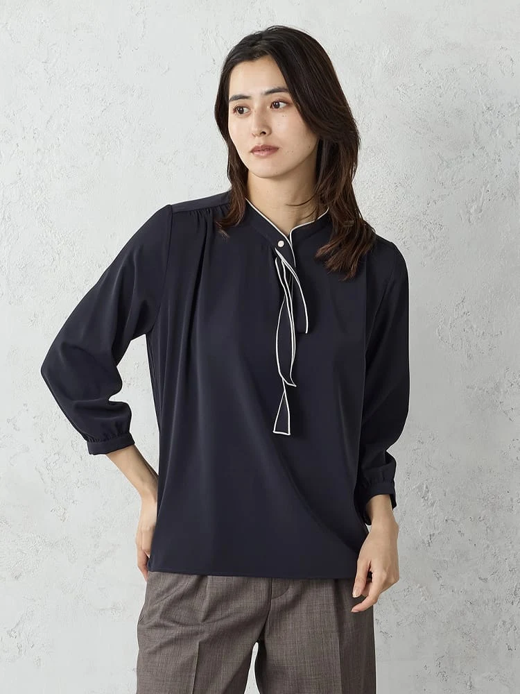 配色メロウボウタイブラウスホワイト/ベージュ/ブラウン/ネイビー