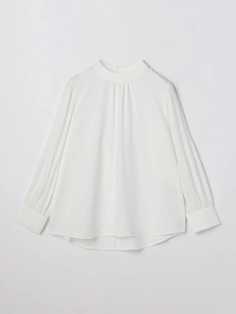 プリーツスリーブハイネックブラウスホワイト/ブラウン/ネイビー