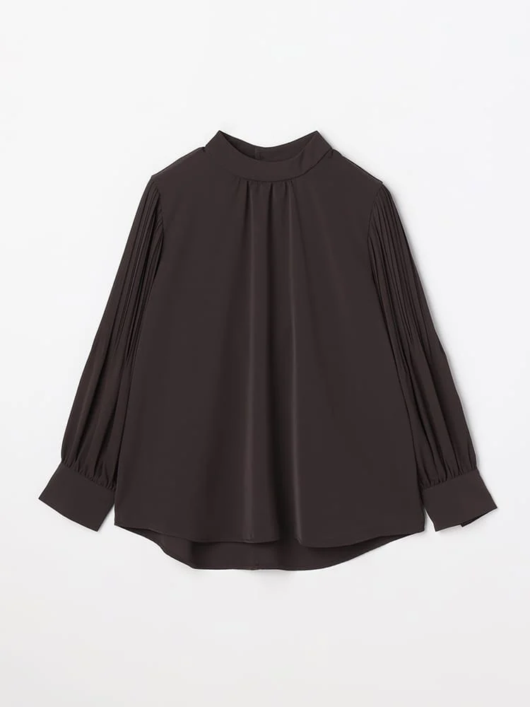 プリーツスリーブハイネックブラウスホワイト/ブラウン/ネイビー