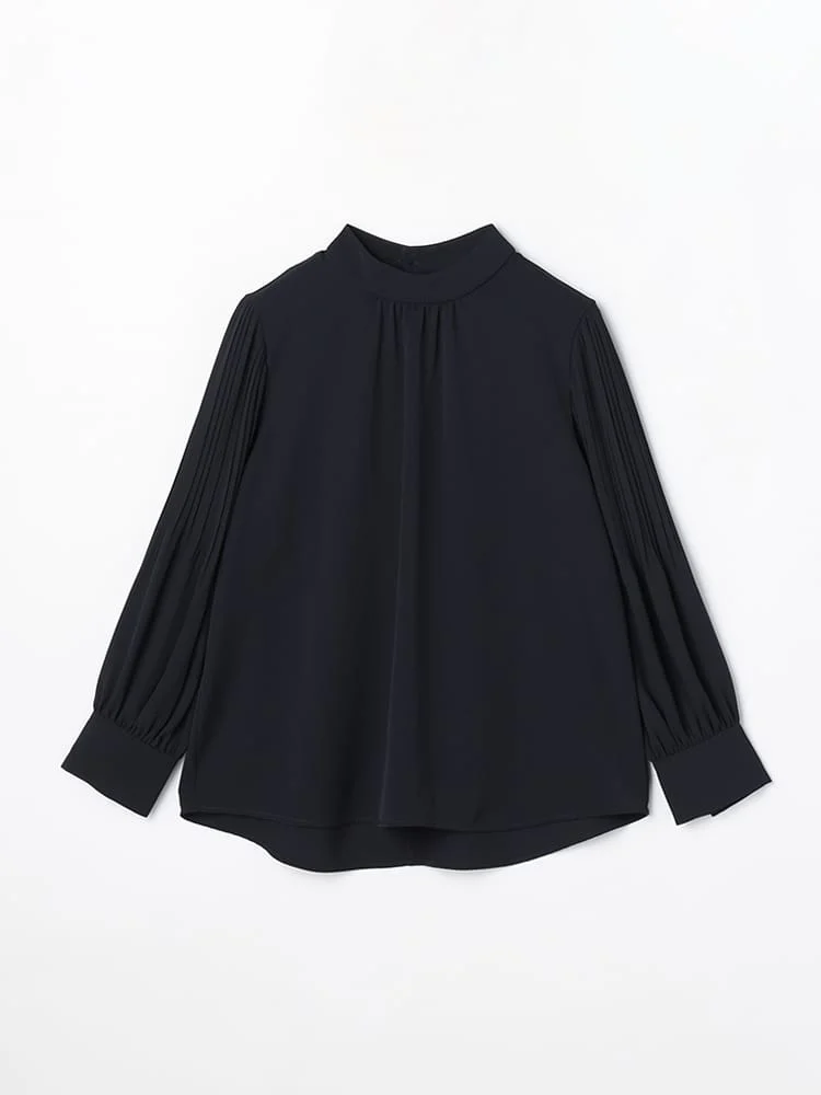 プリーツスリーブハイネックブラウスホワイト/ブラウン/ネイビー