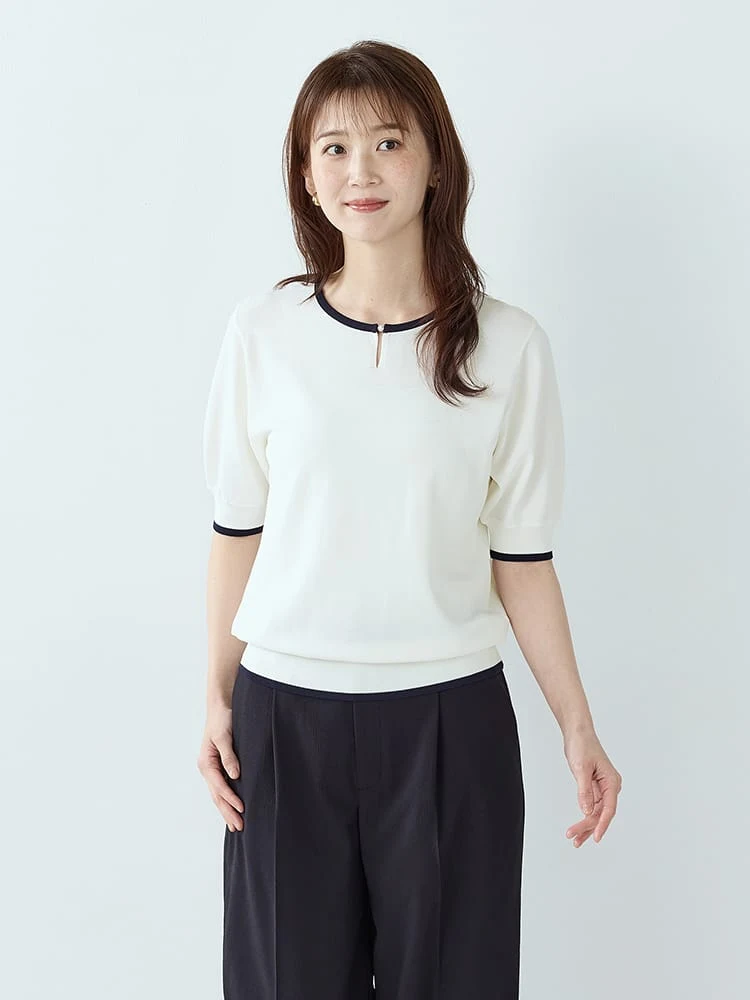 ＜ひんやり冷感/UVカット＞クルーホックビジュー配色ニット〈2BUY10％OFF〉