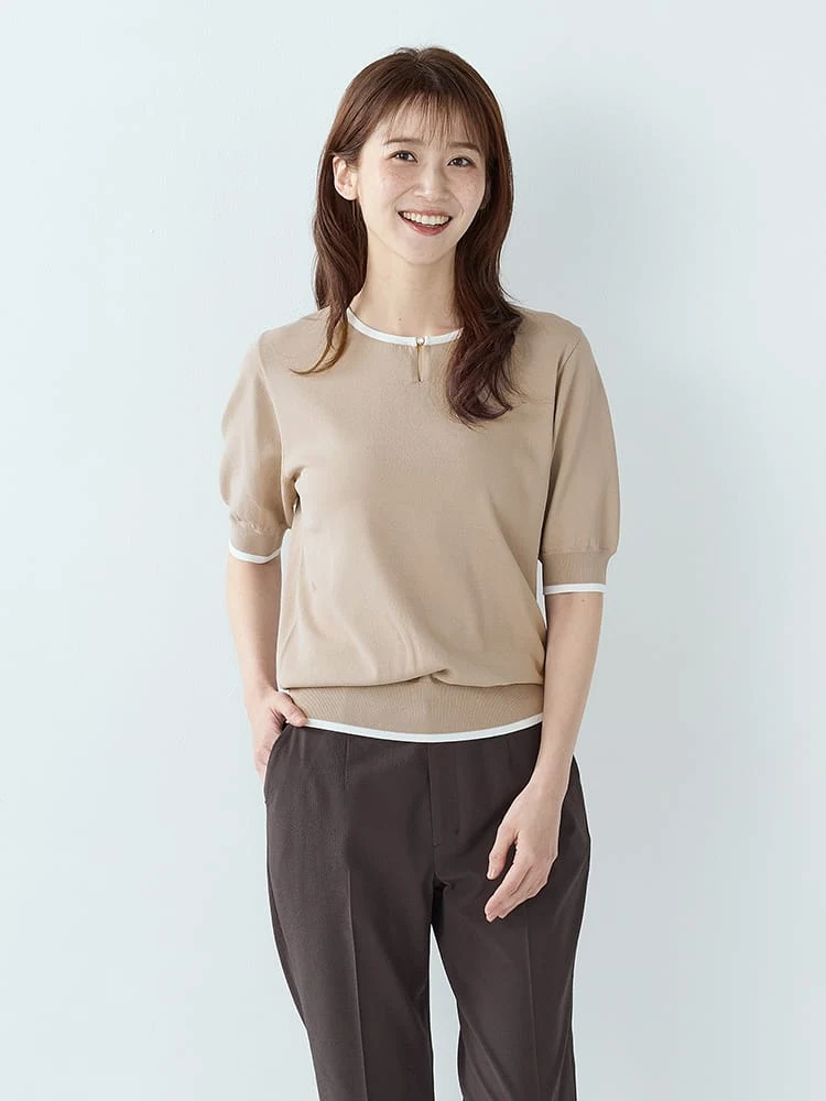 ＜ひんやり冷感/UVカット＞クルーホックビジュー配色ニット〈2BUY10％OFF〉