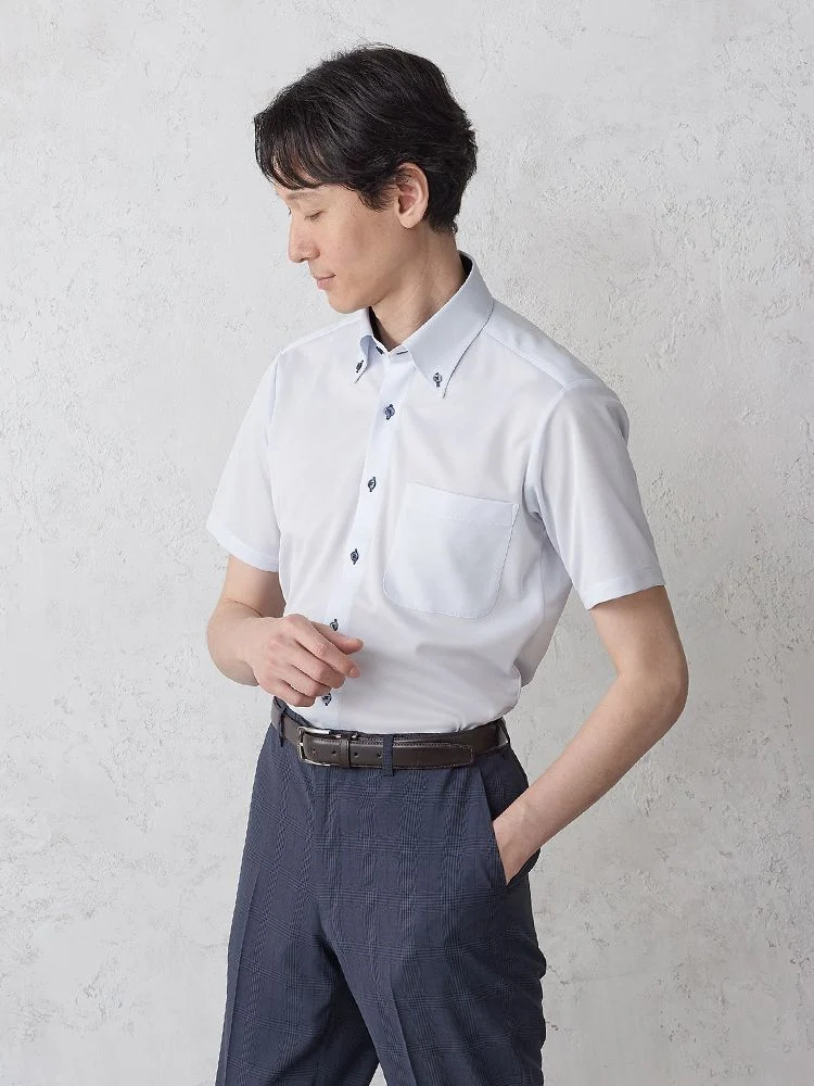 【完全ノーアイロン】半袖アイシャツ別布ドビー織ホワイト/サックスWEB限定＜3点でさらに4,000円OFF対象＞