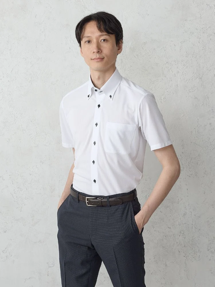 【完全ノーアイロン】半袖アイシャツ別布ストライプ織ホワイト/サックスWEB限定＜3点でさらに4,000円OFF対象＞