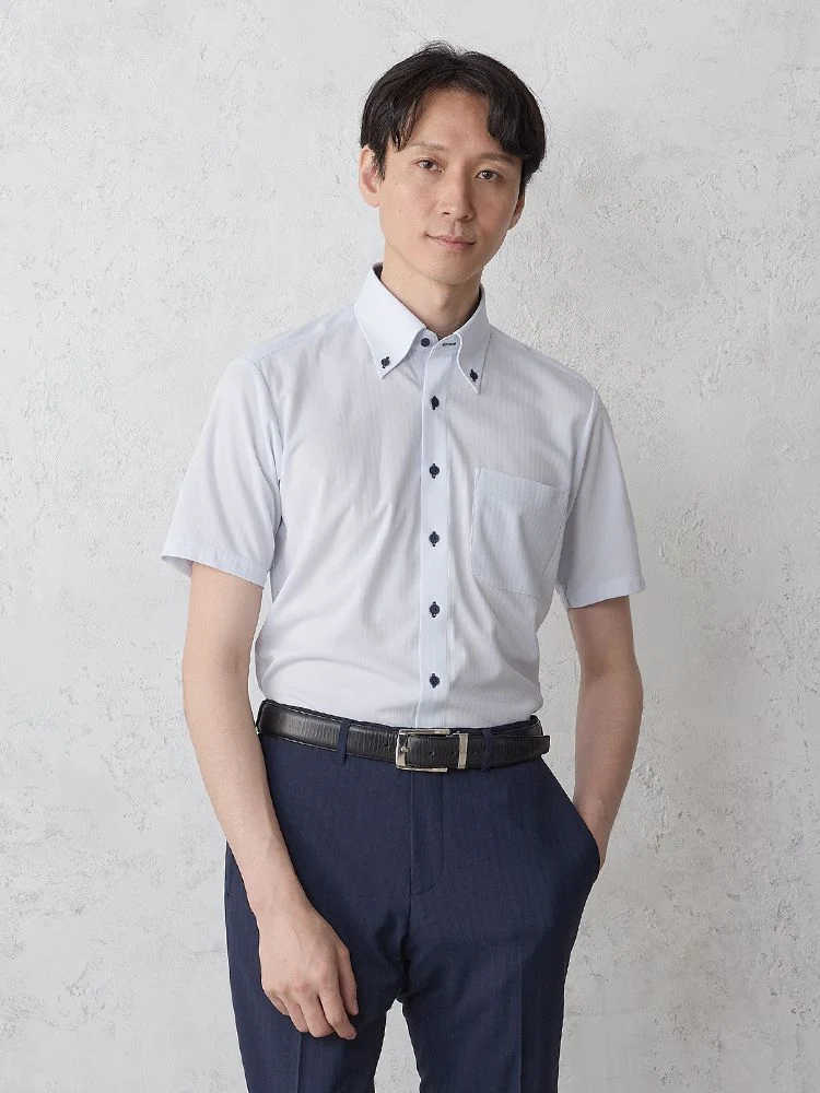 【完全ノーアイロン】半袖アイシャツ別布ストライプ織ホワイト/サックスWEB限定＜3点でさらに4,000円OFF対象＞