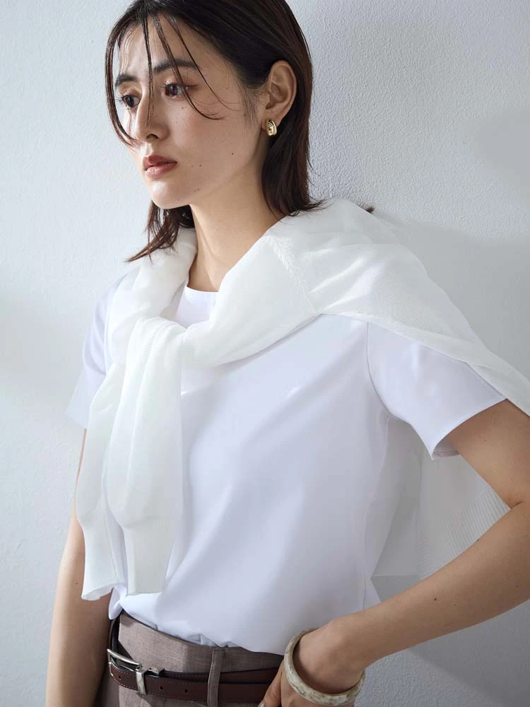 ＜ひんやり接触冷感＞シルク混ブラウスホワイト/サックス〈2BUY10％OFF〉
