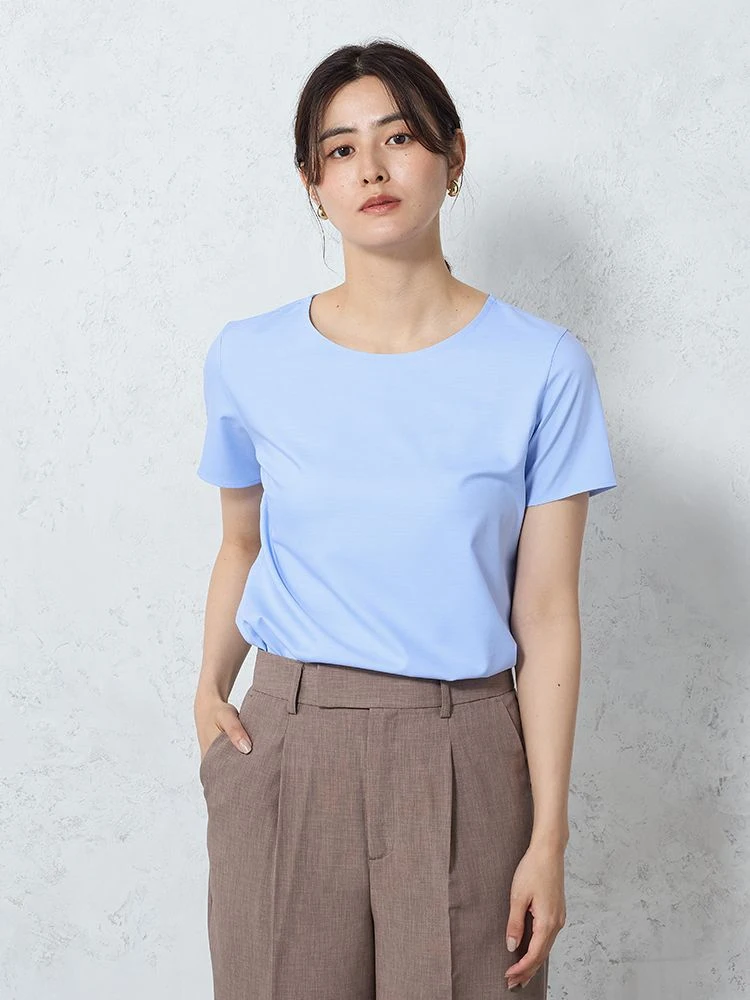 ＜ひんやり接触冷感＞シルク混ブラウスホワイト/サックス〈2BUY10％OFF〉