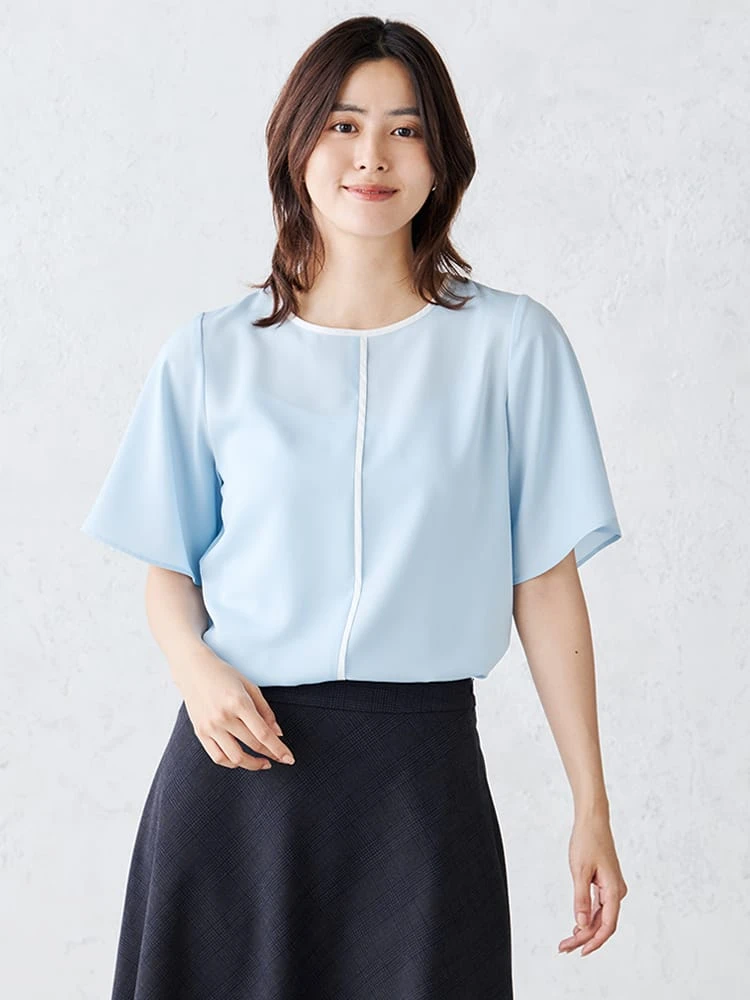 配色パイピングブラウスオフホワイト/サックス/ベージュ〈2BUY10％OFF〉