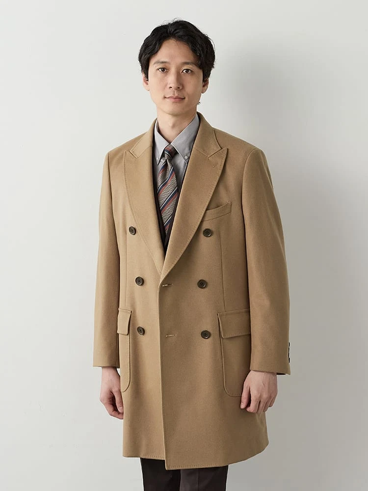 ウール100%ダブルブレストチェスターコートワイン/ベージュ