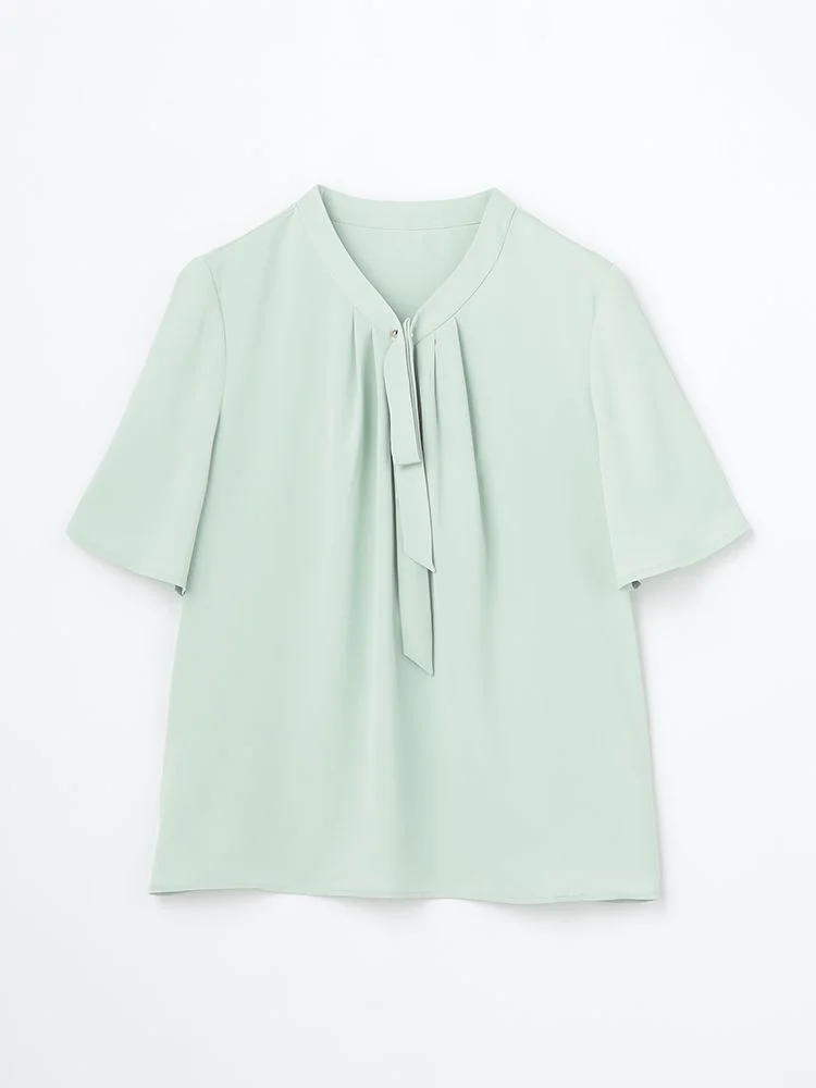 ＜ひんやり接触冷感＞リボンタイ　デシンブラウス　オフホワイト/ピンク/グリーン〈2BUY10％OFF〉