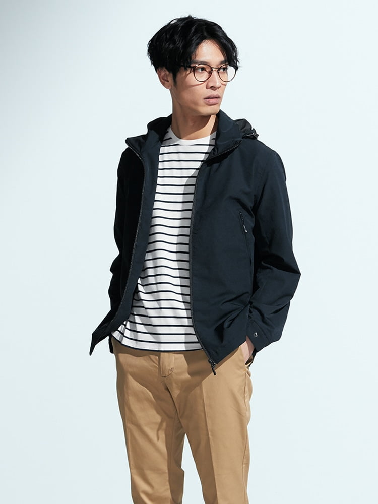4wayストレッチ フード付きブルゾン ネイビー グレー