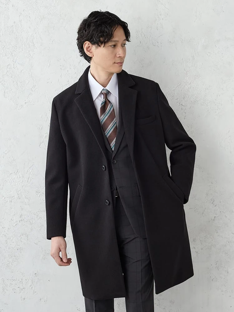 ブラック 【洗える】ニードルパンチ チェスターコート ブラック